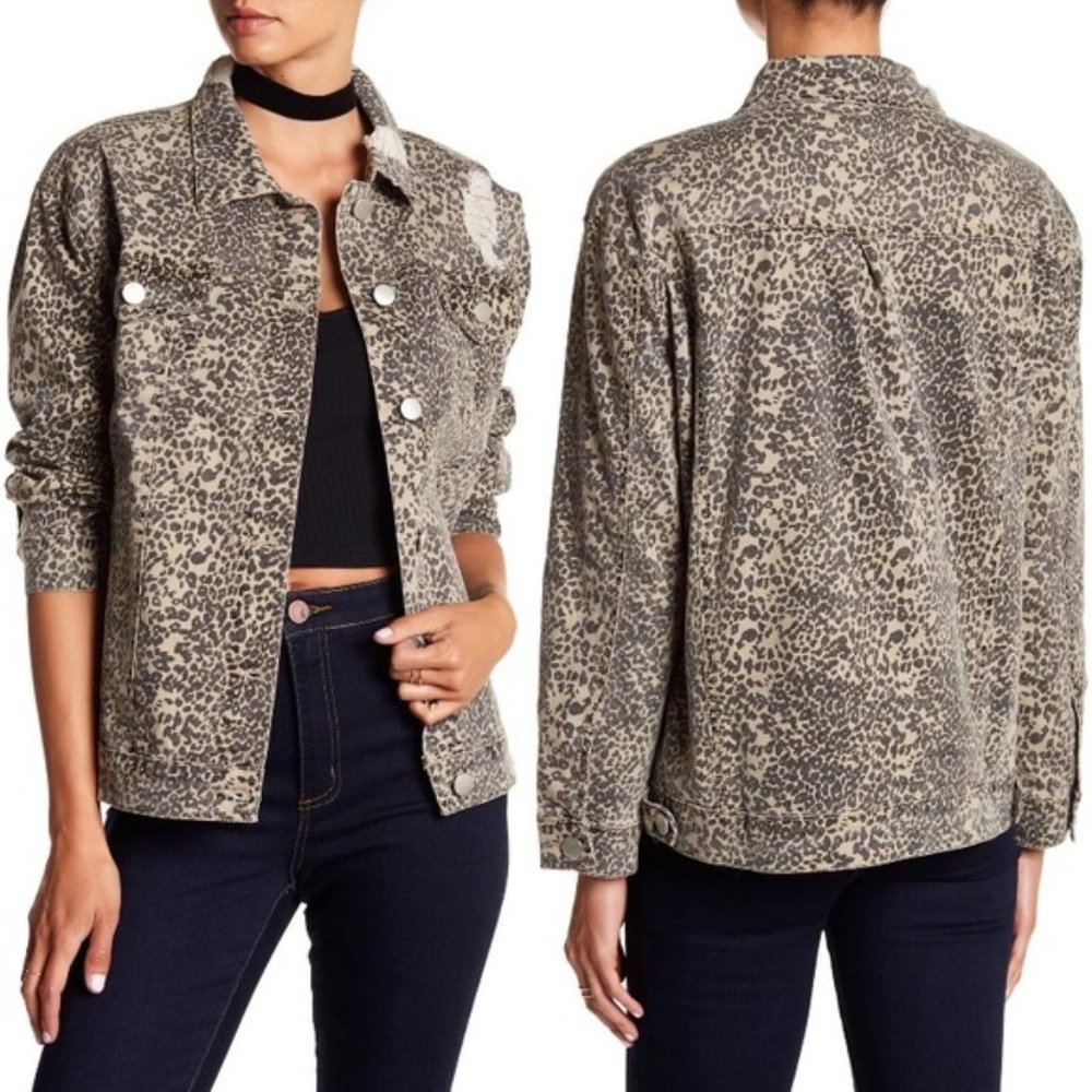 Ashley Mason women's rip distressed stretch leopard print denim jacket